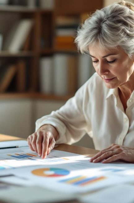 Une femme d’âge mûr bienveillante examine des documents patrimoniaux et des graphiques d’épargne sur un bureau clair dans un cabinet lumineux, avec des livres anciens en arrière-plan.