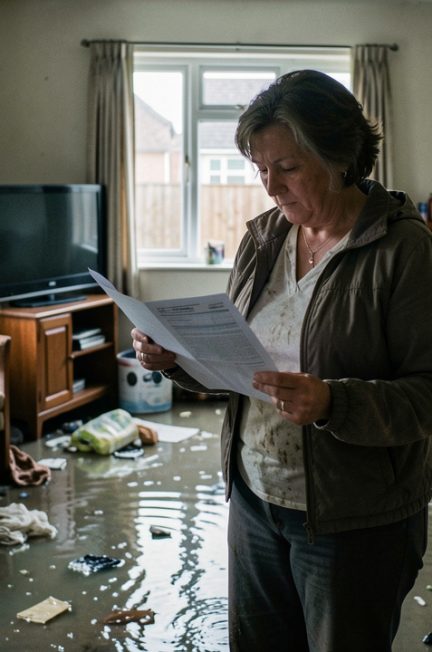 Une propriétaire consulte un document d’assurance dans sa maison individuelle partiellement inondée.