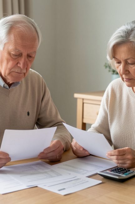 Un couple de retraités examine ensemble des documents financiers vierges autour d’une table, dans un intérieur sobre et lumineux.