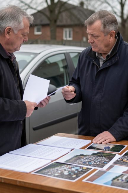Un homme consulte un courrier administratif près de sa voiture, tandis que des documents et des photographies de déchets abandonnés sont disposés sur une table.