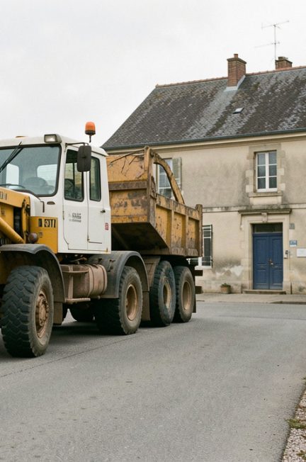 Camion de chantier arrêté sur une route communale française près d’un panneau rond de limitation de tonnage sans inscription visible, avec une mairie en arrière-plan.