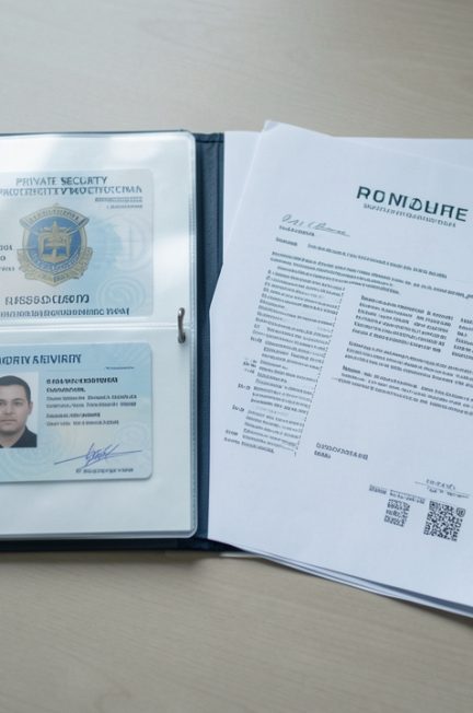 Dossier administratif de carte professionnelle de sécurité privée posé sur un bureau, avec documents juridiques vierges, carte d’identification sans inscription et lumière sobre.