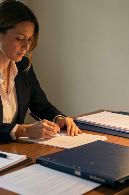 Une femme prépare méthodiquement un dossier de recours sur un bureau, avec des feuilles vierges, un stylo, un dossier et une balance de justice.