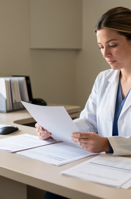 Professionnelle de santé examinant des documents administratifs et des relevés comptables non lisibles sur son bureau, dans un cabinet sobre et réaliste.