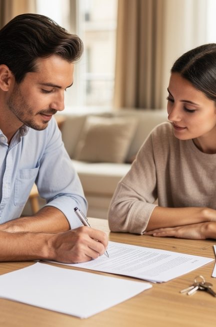 Un propriétaire français et une locataire française signent un document vierge dans un appartement meublé lumineux, avec des clés posées sur une table.