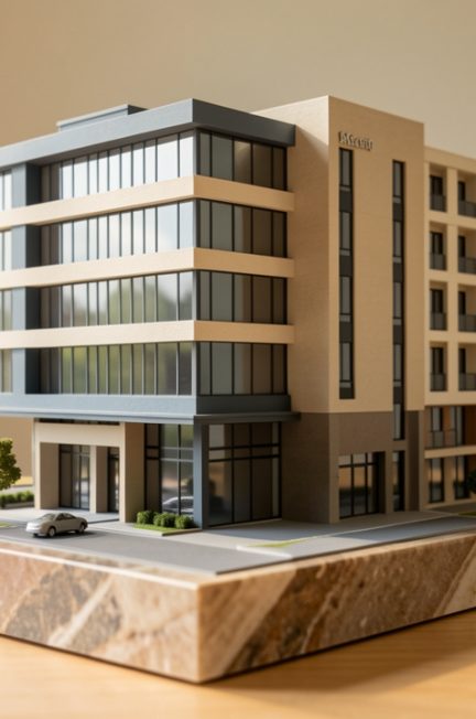 Illustration conceptuelle d’un immeuble de bureaux évoluant vers un bâtiment résidentiel tout en restant sur la même fondation.