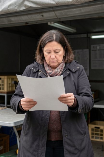 Une commerçante de marché, debout devant son stand fermé, examine un document vierge dans une ambiance réaliste et sobre.