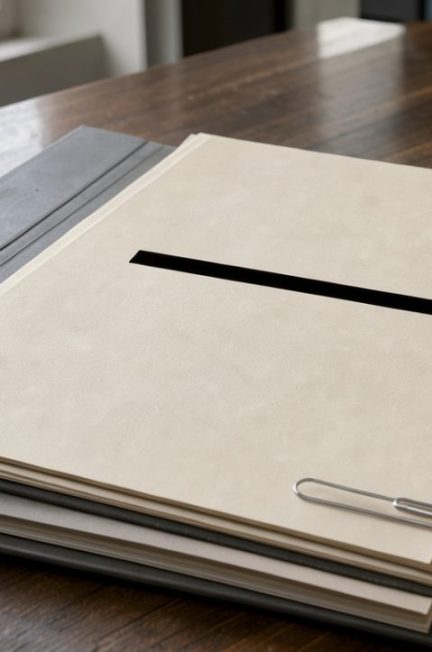 Dossier administratif français ouvert sur un bureau, avec des documents officiels vierges et une large barre noire masquant une partie d’une page.