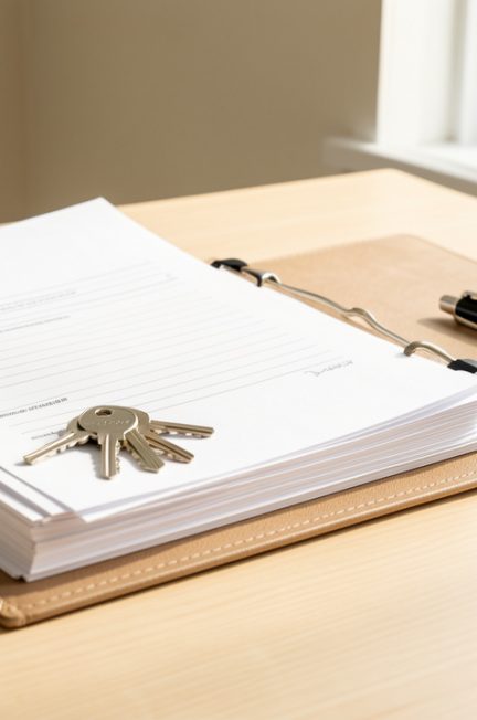 Dossier de documents locatifs vierges rangés sur un bureau lumineux avec des clés et un stylo.