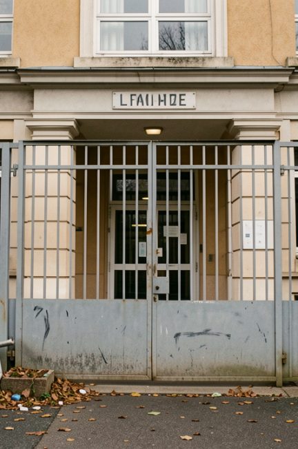 Façade d’un lycée public français après un blocus, avec portail fermé et traces visibles de dégradations légères, dans une ambiance documentaire et sans personne identifiable.