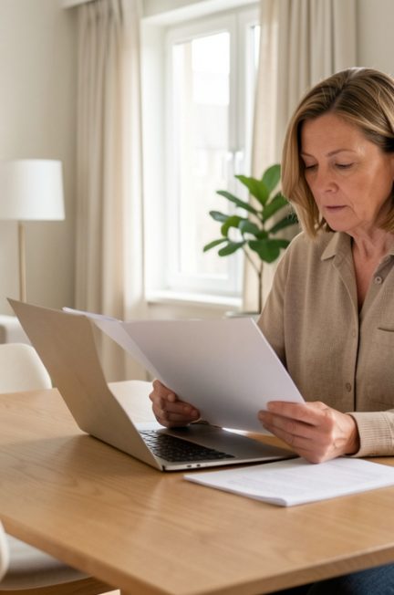 Une propriétaire consulte un dossier dans un appartement meublé lumineux à l’ambiance administrative sobre.