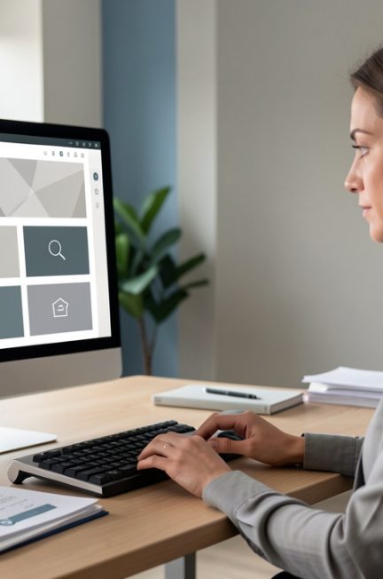 Femme consultant une interface administrative automatisée sobre sur un écran, entourée de documents officiels dans un bureau contemporain.